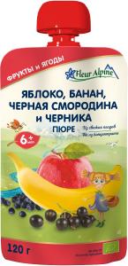 Fleur Alpine Organic Пюре Яблуко-банан-чорна смородина-чорниця з 6 місяців 120 г (5024688001093) - термін 09.05.24