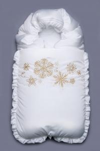 Модний Карапуз Конверт на виписку зимовий білий "Сніжинки" (золото) 03-00468-1