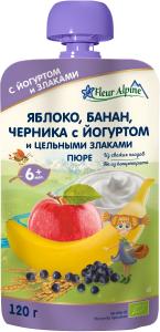 Fleur Alpine Organic Пюре Яблуко-банан-чорниця з йогуртом з 6 місяців 120 г (5024688001161)