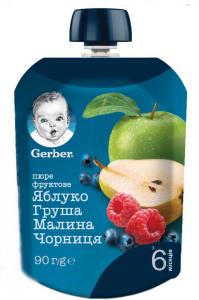 Gerber Пюре "Яблуко, груша, малина, чорниця" 90гр. з 6 міс. (7613036345484)